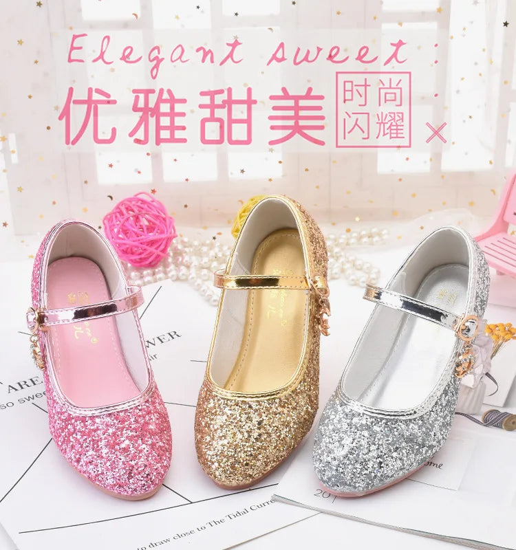 Girls Shoes Children High Heel Glitter Crystal Sandals Fashion Buckle Kids Princess Dance Shoe Student Performance Leather Shoes