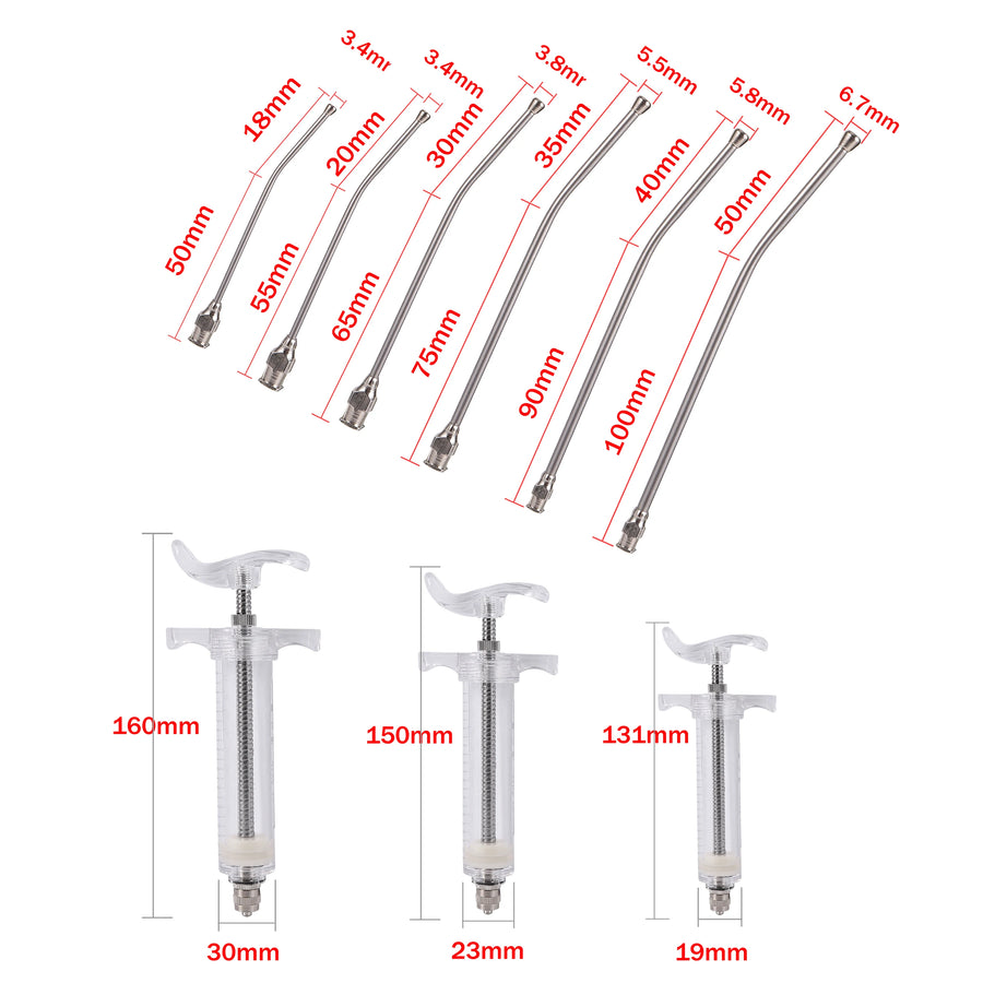 Parrot feeding syringe with 6 curved gavage tubes, 3 sizes.