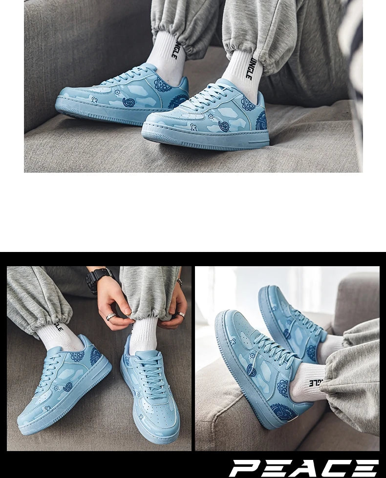 Fashion Print Blue Men's Skateboard Shoes Leather Breathable Man Casual Sneakers Platform Non-slip Men Skateboarding Shoes