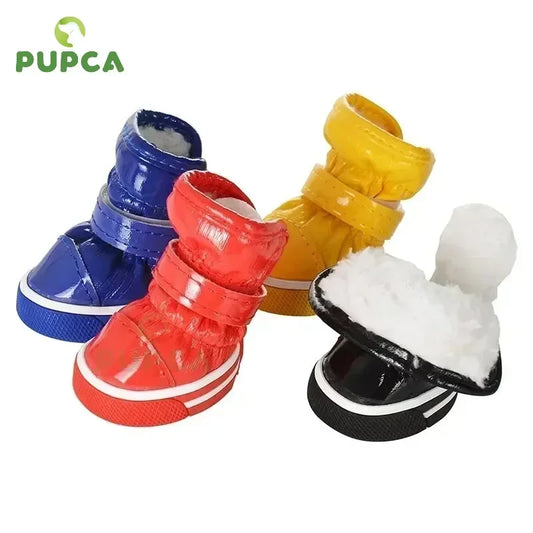 PUPCA Shoes For Dog 4pcs/set Boots Slip Waterproof Leather Shoes PU Warm Pet Dogs Winter Small Snow Dog  Chihuahua For Dog