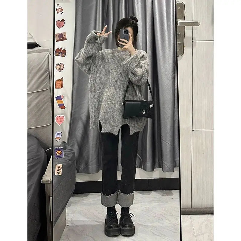 Women's Autumn/Winter New O-Neck Sweater Knit Pullover Tops with Straight Denim Pants - Ladies' Two-Piece Sets R603