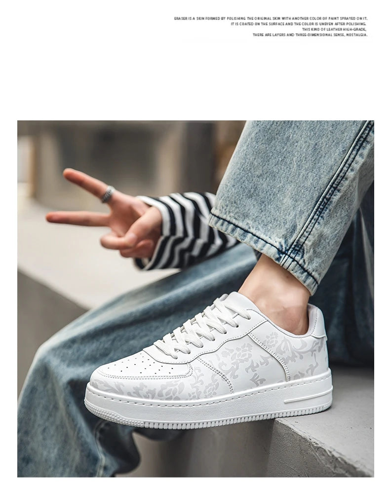 Fashion Print Blue Men's Skateboard Shoes Leather Breathable Man Casual Sneakers Platform Non-slip Men Skateboarding Shoes