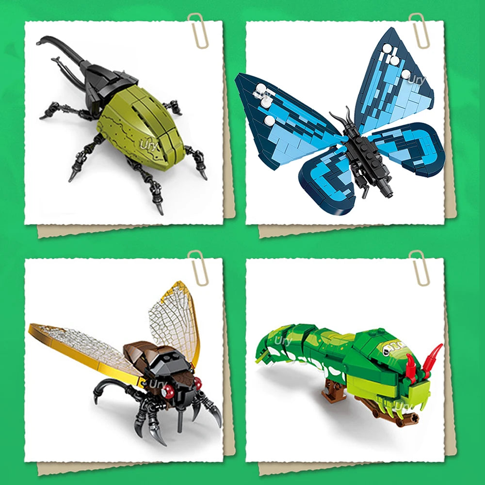 Insect Animal Model Bee Butterfly Cricket Grasshopper Set Building Blocks Diy Children Puzzle Assemble Toys For Kid Gifts