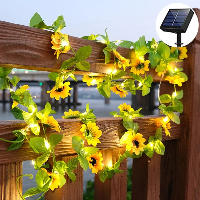 Solar Artificial Sunflower Rose String Light Garland Fairy String Lights Green Leaf Vine Light-10M 100 led  for Garden Party Decor