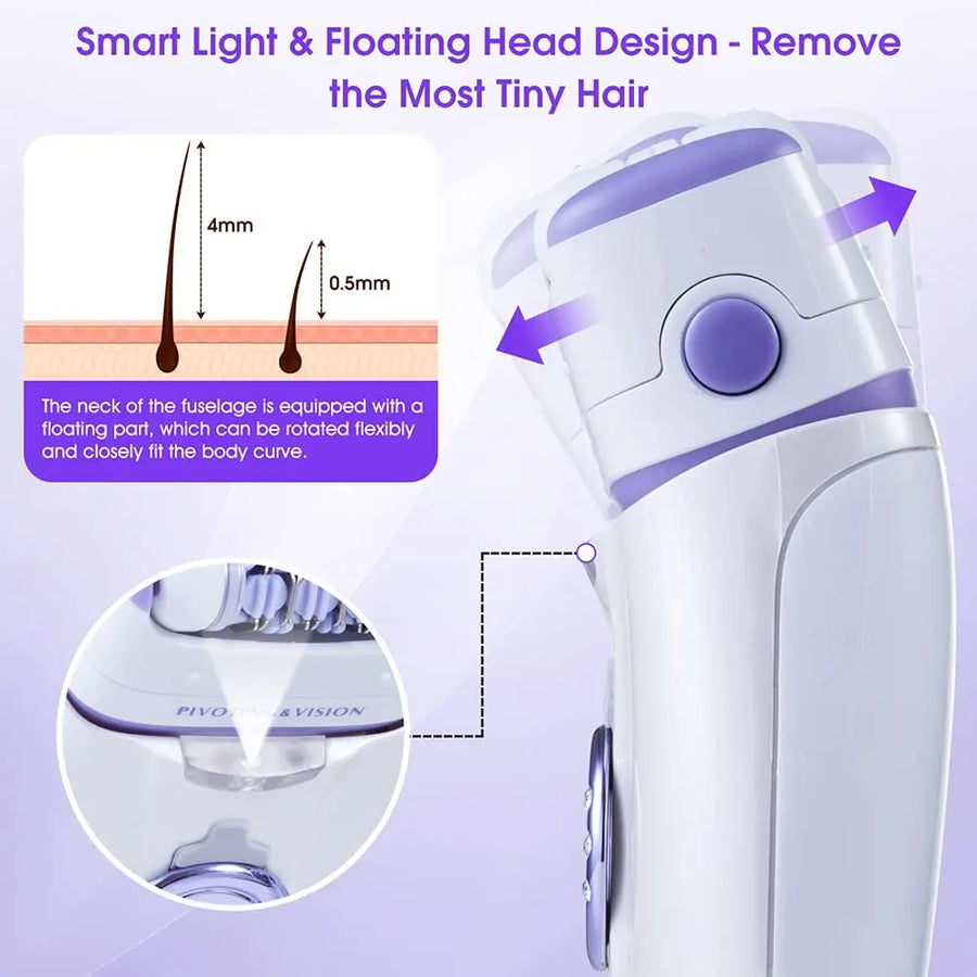 Rechargeable electric epilator for women's leg, body, facial, and bikini hair removal.