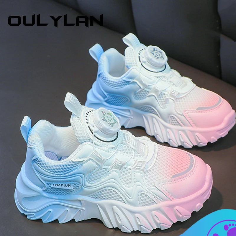 Kids' White Mesh Running Shoes with Rotating Button