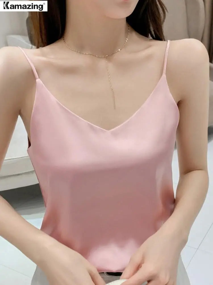 Summer Solid Sleeveless Crop Casual Camis Tank Tops Ladies V-Neck Female Vest Women Imitation Silk Blouses