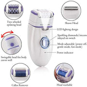 Rechargeable electric epilator for women's leg, body, facial, and bikini hair removal.